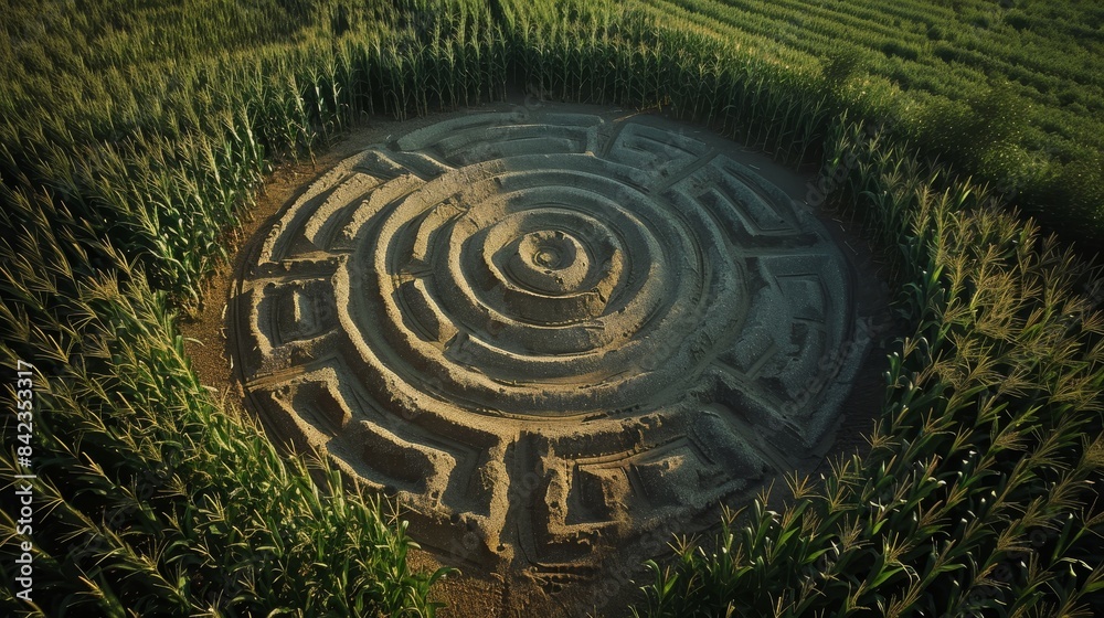 Bird's-eye view of a sand labyrinth with intricate pathways, surrounded by a cornfield, dark, ominous sky foreshadowing harbingers of doom Bird's-eye view of a sand labyrinth with intricate pathways, surrounded by a cornfield, dark, ominous sky foreshadowing harbingers of doom