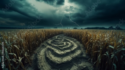 Bird's-eye view of a sand labyrinth with intricate pathways, surrounded by a cornfield, dark, ominous sky foreshadowing harbingers of doom photo