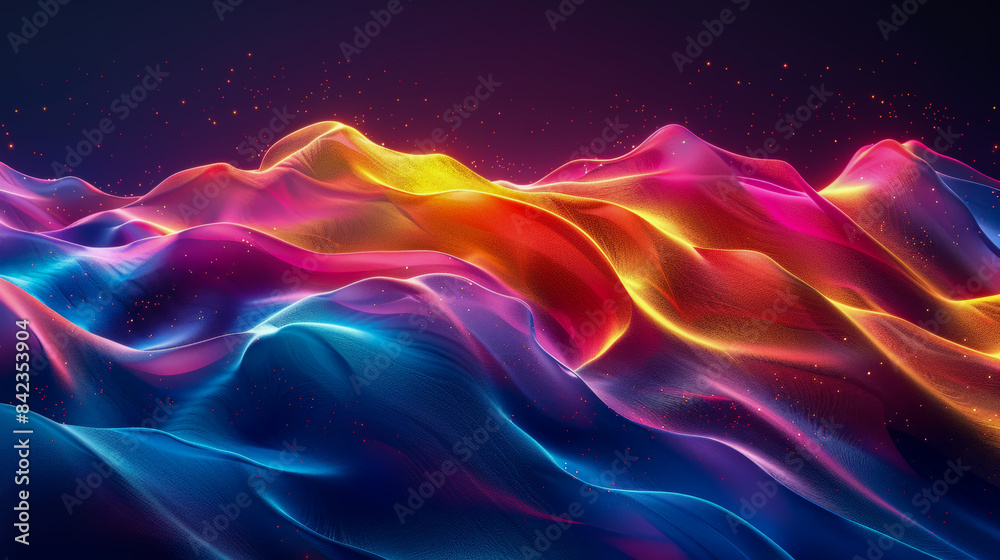 Abstract digital art of vibrant, colorful waves on a dark background