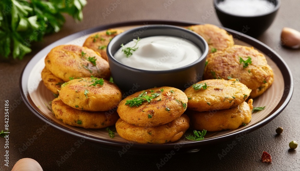 Chickpea Fritters with garlic, fresh herbs, spices served with dipping yogurt sauce close-up in plate on the table. Chickpea Fritters with garlic, fresh herbs, spices served with dipping yogurt sauce close-up in plate on the table.