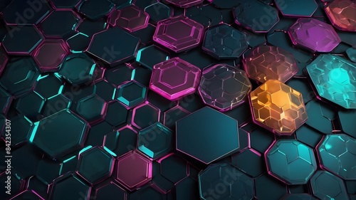 Hexagonal Patterned Background with Bubbles and Blue and Red Squares