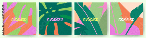 Creative concept of summer bright cards set with abstract tropical leaves. Modern art minimalist style design templates for celebration, ads, branding, banner, cover, label, poster, sales