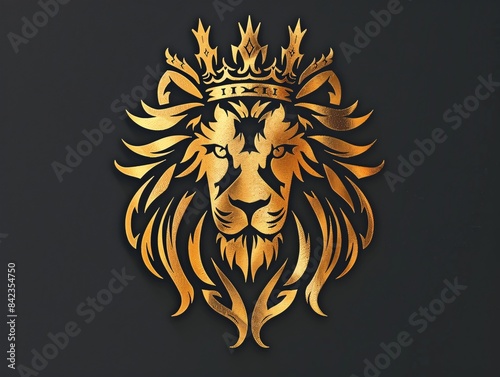 High-contrast or innovative design: High-contrast stencil artwork of a powerful gold lion head with a sharp (or innovative design) crown, set against a deep black void.