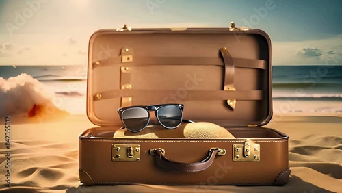 Vacation travel time banner with an open suitcase showcasing an exotic destination and a copy space area