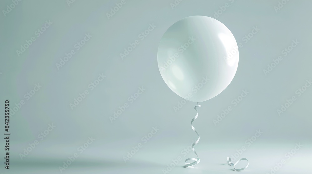 A spherical balloon in white color floating with helium attached to a ribbon captured in a photo with space for text A spherical balloon in white color floating with helium attached to a ribbon captured in a photo with space for text