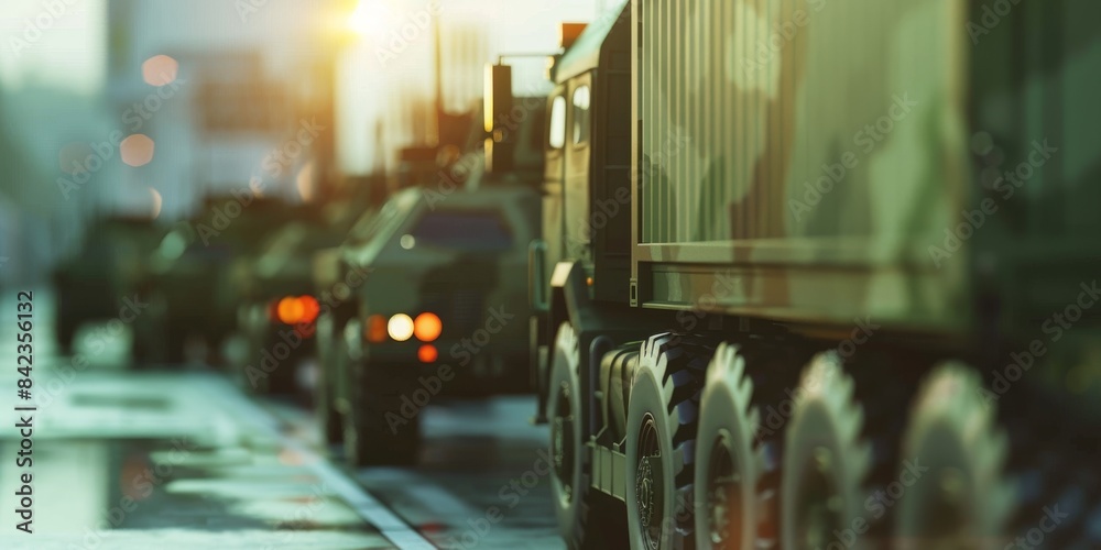 Obraz premium A convoy of military vehicles is driving down a road.