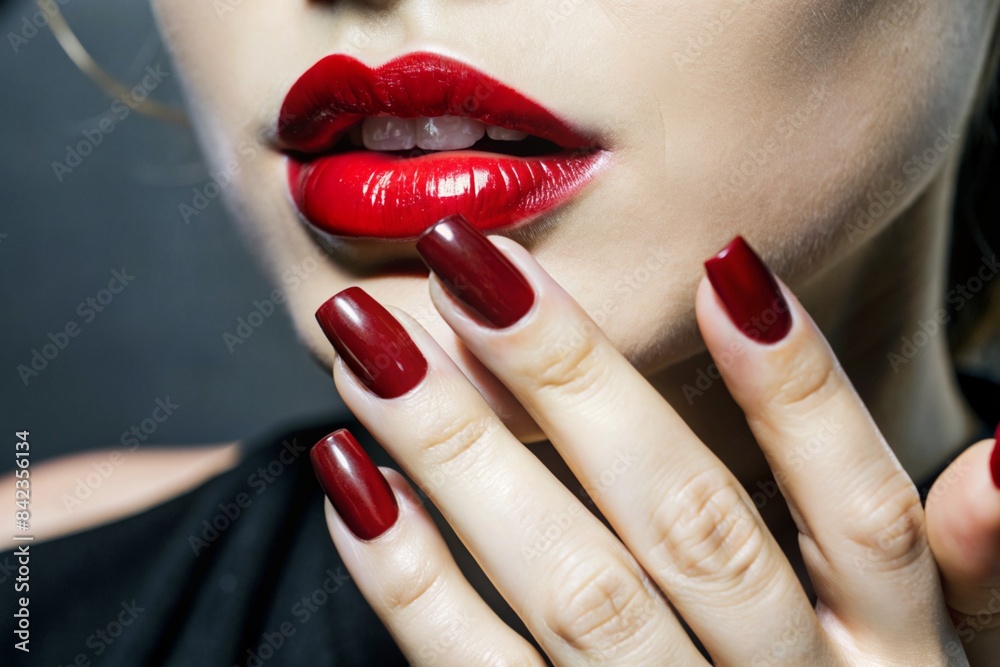 Naklejka premium A sexy woman touching her painted red lips with a manicure on her red nails. Cosmetic products, fashionable lipstick, lip gloss and nail polish. A sensual woman.
