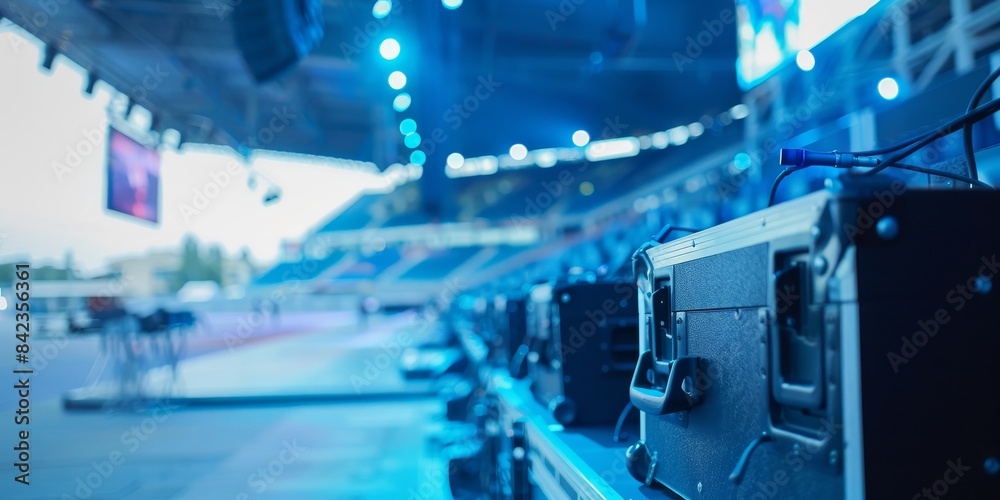The photo shows a bunch of flight cases on a stage. The photo shows a bunch of flight cases on a stage.