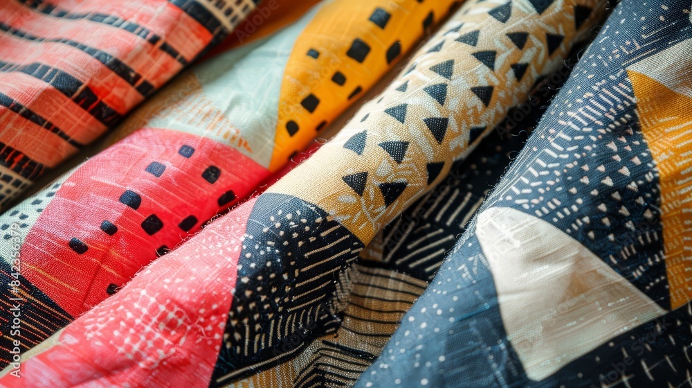 Bohemian geometric fabric with a modern twist, featuring intricate shapes, bold hues, and a dynamic arrangement, perfect for a stylish textile application Bohemian geometric fabric with a modern twist, featuring intricate shapes, bold hues, and a dynamic arrangement, perfect for a stylish textile application