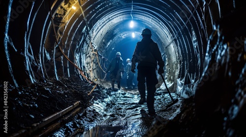 Blurry figures of miners in an underground tunnel, using manual tools to extract resources, rough terrain, shadowy ambiance, authentic mining scene © Alpha