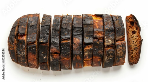 Burnt loaf sliced thin, revealing the burnt exterior and softer interior, top view, isolated white background, studio light photo