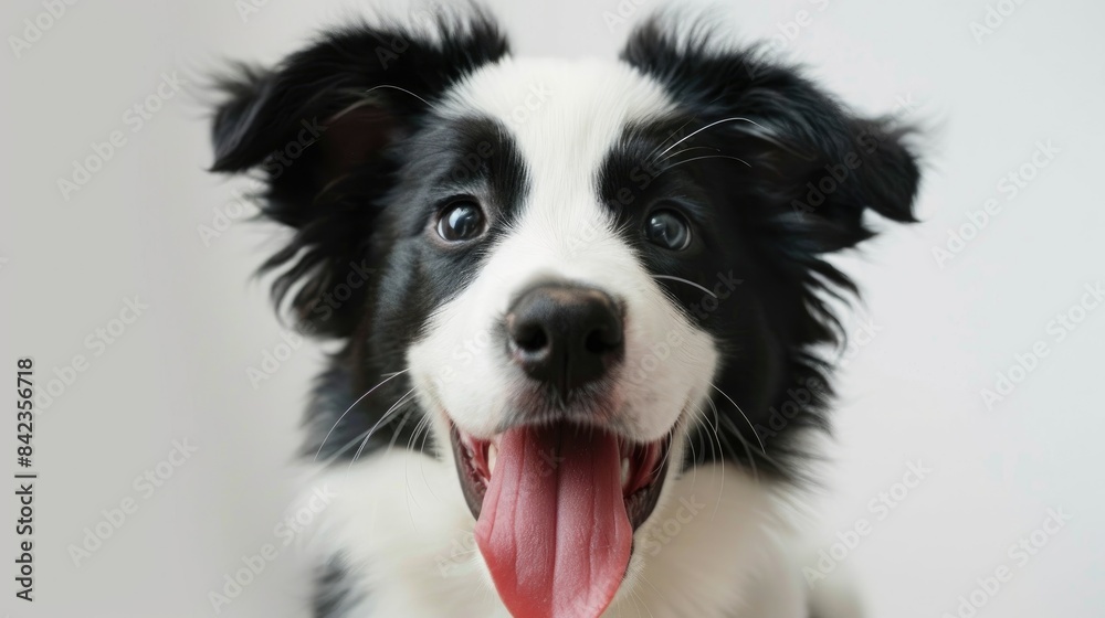 Adorable Border Collie puppy with long tongue sticking out against white studio background symbolizing love for pets and animal care