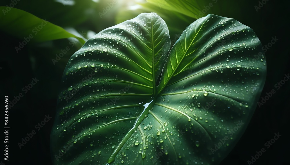 Fototapeta premium An image of a large Alocasia Polly leaf with water droplets on its surface