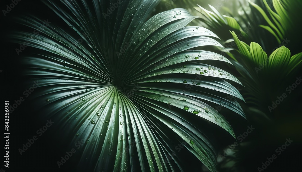 Fototapeta premium An image of a large Majesty Palm leaf with water droplets on its surface