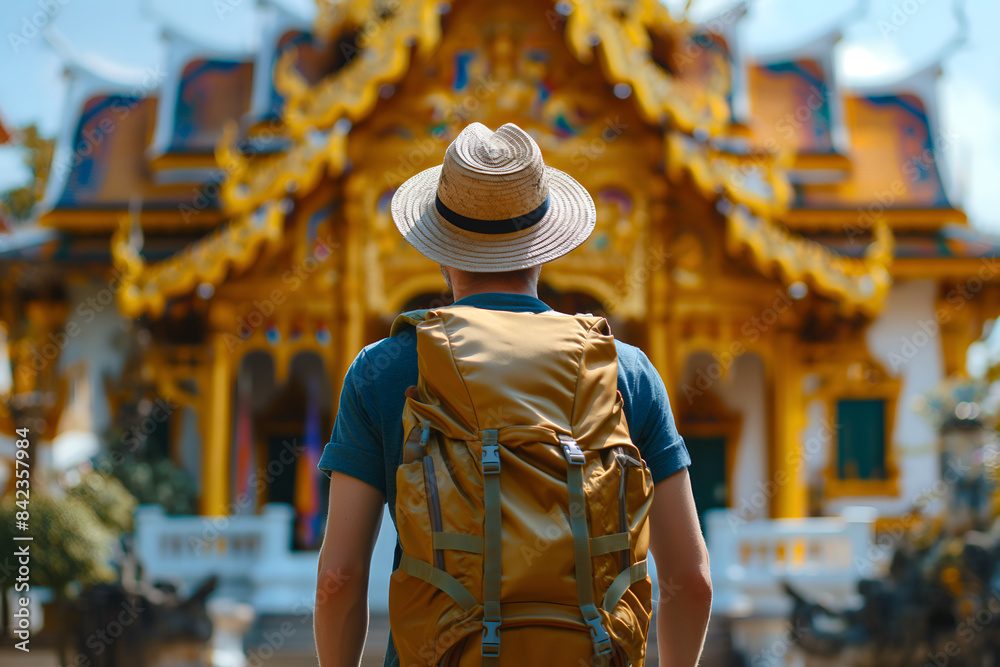 Back view of a traveler man with backpack at Thailand temple Back view of a traveler man with backpack at Thailand temple