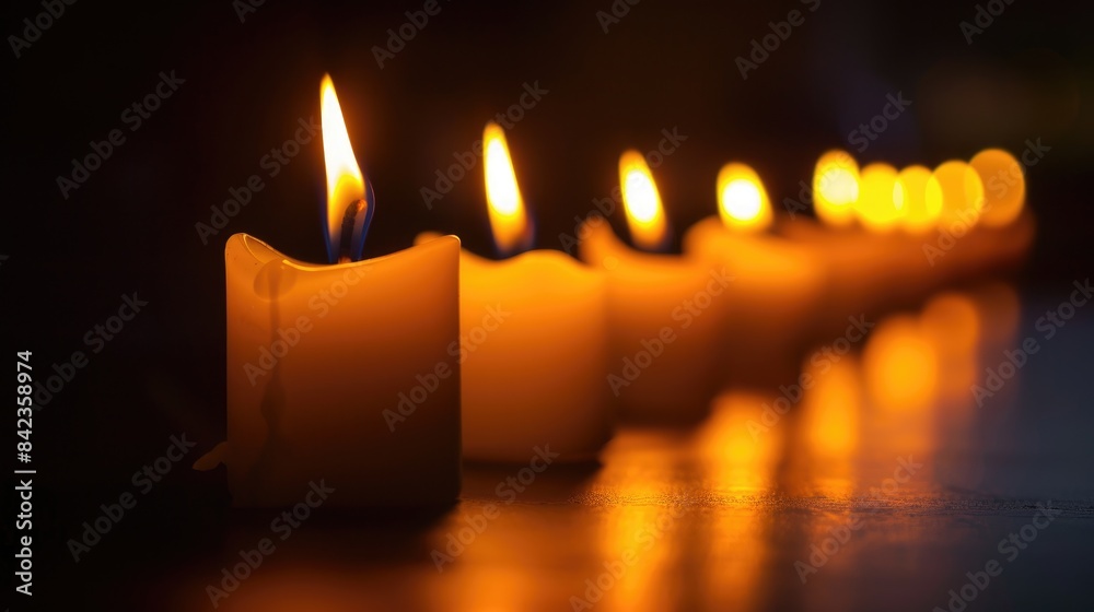 Arrangement of lit candles in a line against a dark backdrop Arrangement of lit candles in a line against a dark backdrop