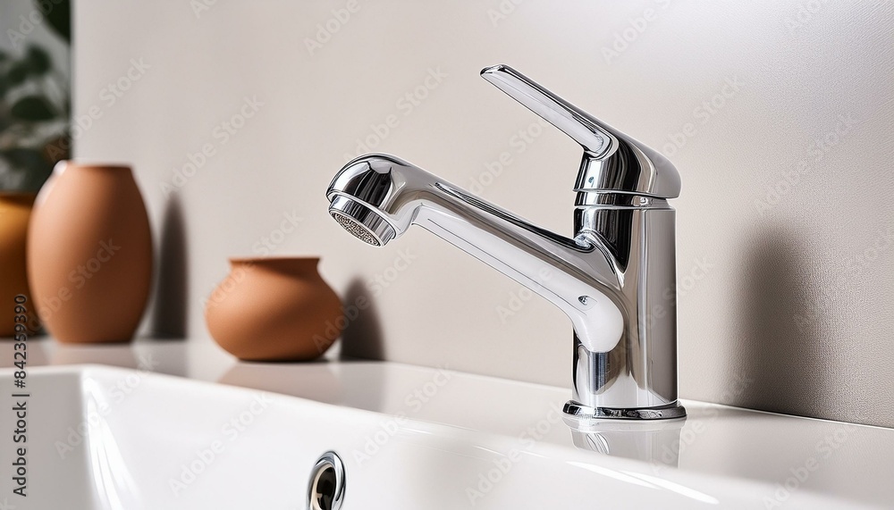 Closeup of a sleek chrome bathroom faucet for home remodeling and plumbing. Concept Bathroom Remodel, Plumbing, Chrome Fixtures, Sleek Design, Close-up Photography Closeup of a sleek chrome bathroom faucet for home remodeling and plumbing. Concept Bathroom Remodel, Plumbing, Chrome Fixtures, Sleek Design, Close-up Photography