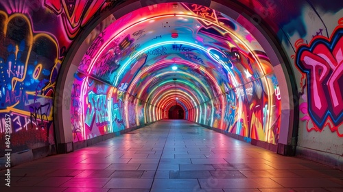 Contemporary tunnel scene adorned with bright graffiti, featuring bold tags, characters, and abstract shapes illuminated by subtle tunnel lighting