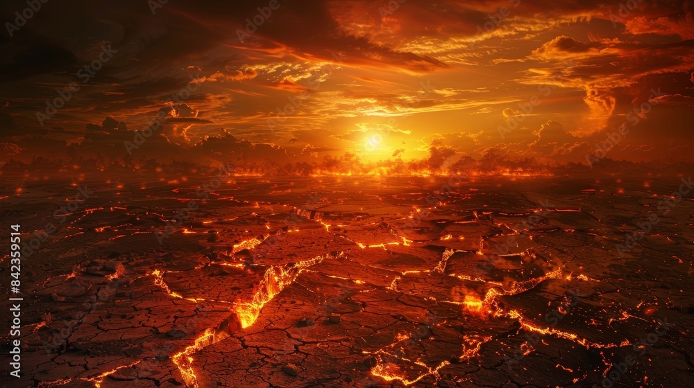 Obraz premium Desolate wasteland under a burning sun, ground cracked and lifeless, with glowing embers scattered across the horizon