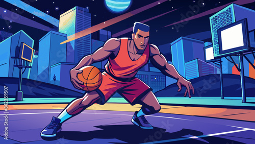 Dynamic Basketball Player Dribbling on Urban Court at Night