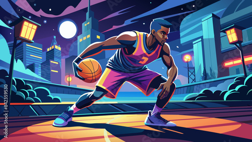 Dynamic Basketball Player in Action during a Nighttime City Game