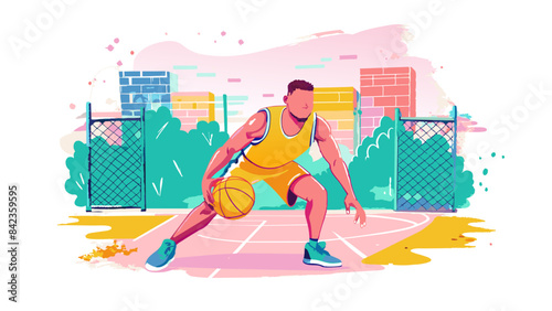 Dynamic Basketball Player Dribbling on Vibrant Court