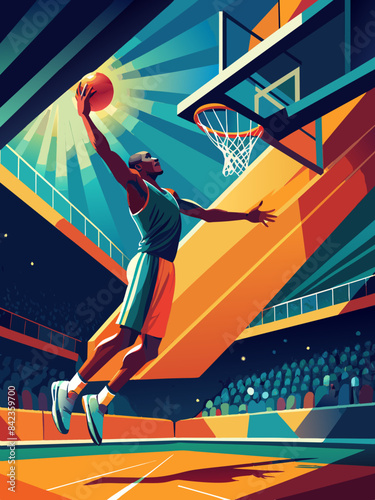 Dynamic Basketball Player Scoring Slam Dunk in Vibrant Arena