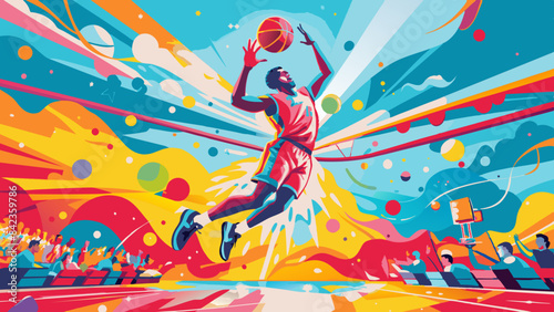 Dynamic Basketball Player Slam Dunking at Vibrant Sports Event