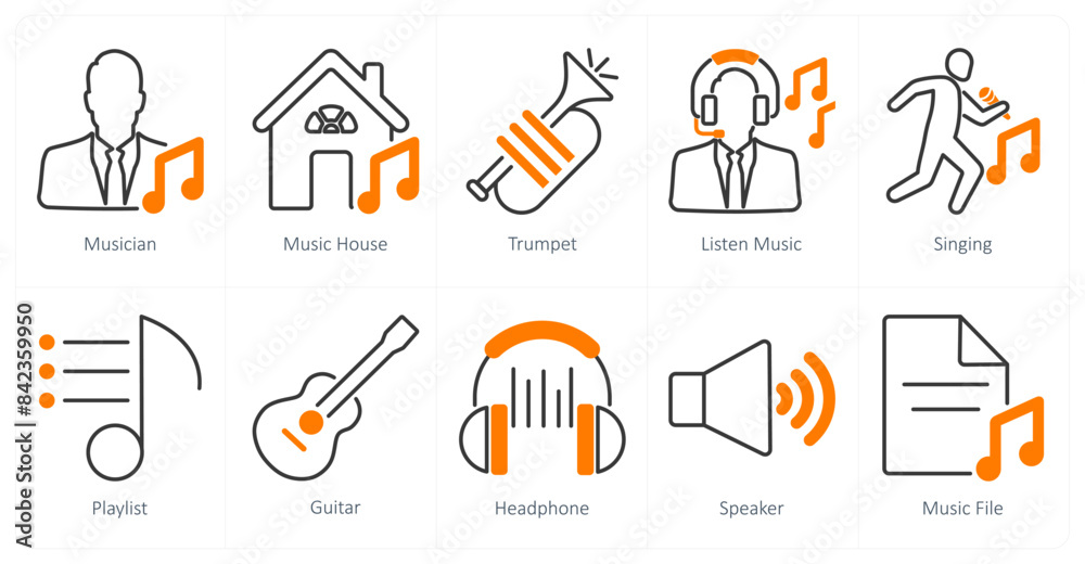 A set of 10 music icons as musician, music house, trumpet A set of 10 music icons as musician, music house, trumpet