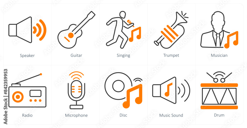 A set of 10 music icons as speaker, guitar, singing A set of 10 music icons as speaker, guitar, singing