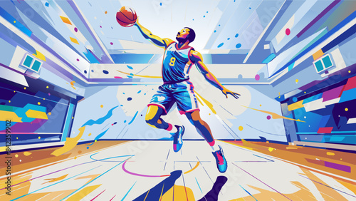 Dynamic Basketball Player Making a Slam Dunk in Vibrant Arena