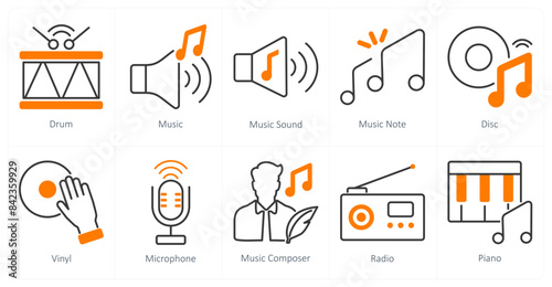 A set of 10 music icons as drum, music, music sound
