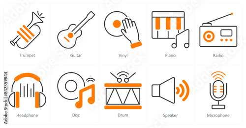 A set of 10 music icons as trumpet, guitar, vinyl