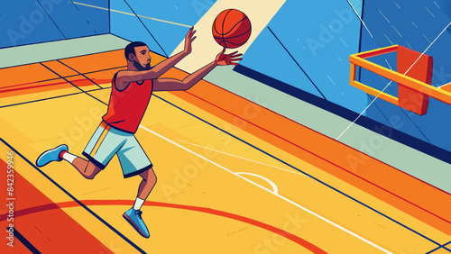 Dynamic Basketball Player Performing a Layup on Court