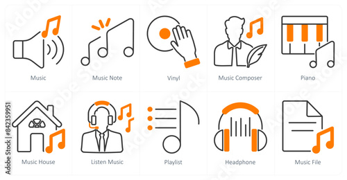 A set of 10 music icons as music, music note, vinyl