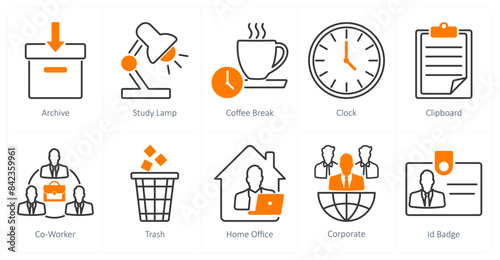 A set of 10 office icons as archive, study lamp, coffee break