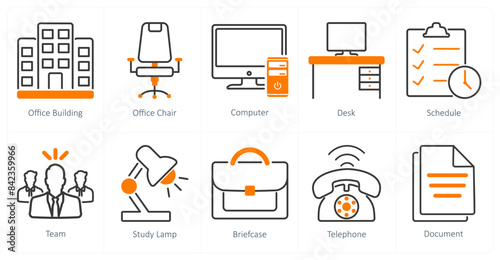 A set of 10 office icons as office building, office chair, computer