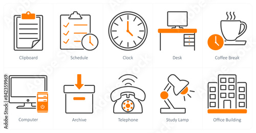 A set of 10 office icons as clipboard, schedule, clock