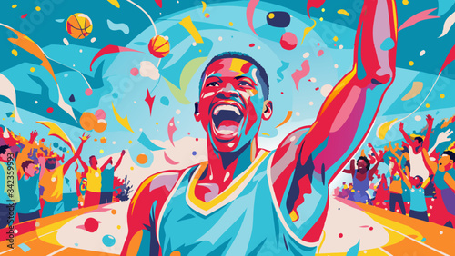 Jubilant Basketball Player Celebrates Victory with Colorful Confetti