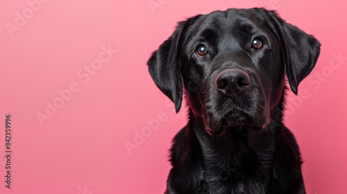 Close-up of a black Labrador Retriever against a pink background, showcasing its expressive eyes and glossy fur.