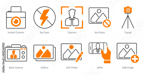 A set of 10 photography icons as instant camera, no flash