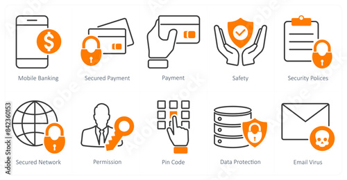 A set of 10 security icons as mobile banking, secured payment, payment