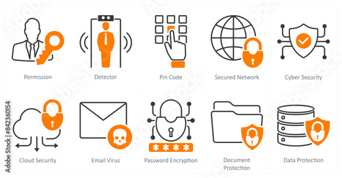 A set of 10 security icons as permission, detector, pin code