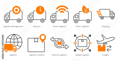 A set of 10 logistics icons as logistics management, delivery, smart logistics