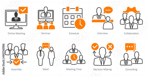 A set of 10 meeting icons as online meeting, seminar, schedule