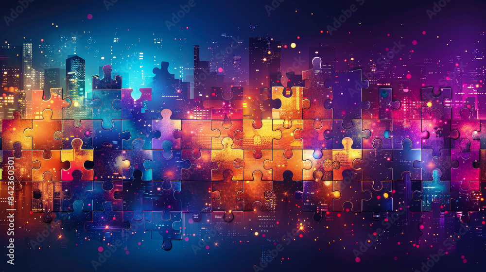 Fototapeta premium Building Together with Puzzle Pieces Forming a Dynamic Cityscape at Night - Ai Generated