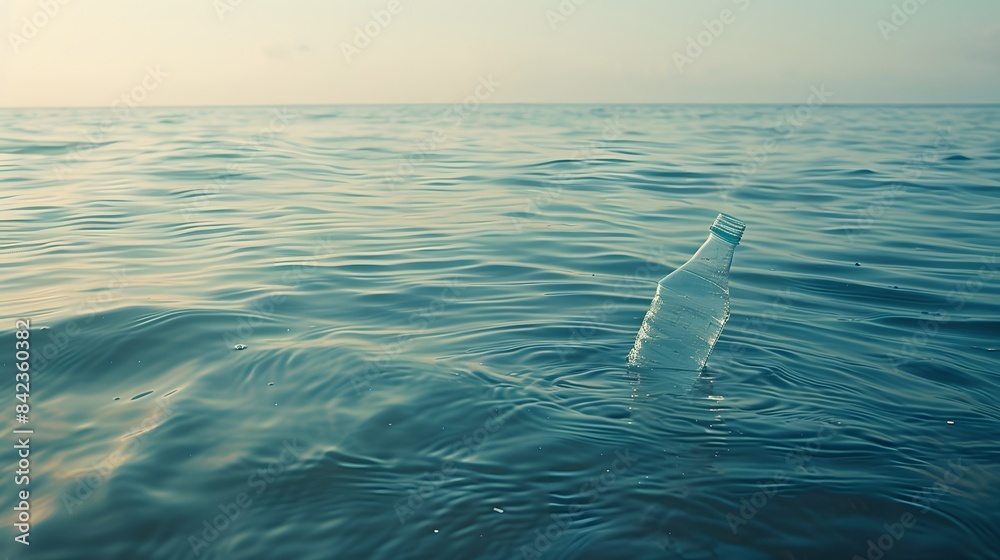 Naklejka premium Ocean view with a plastic bottle floating, emphasizing the problem of water pollution