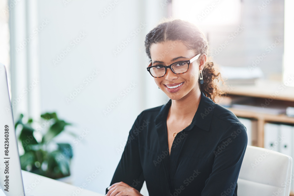 Business woman, happy or portrait with computer at desk for work research, online connection and communication. Smile, female person and pc on table for company report, internet news and networking Business woman, happy or portrait with computer at desk for work research, online connection and communication. Smile, female person and pc on table for company report, internet news and networking