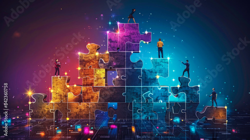 Collaborative Team Building Cosmic Puzzle in Digital Environment - Teamwork and Innovation - Ai Generated