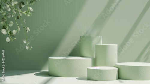Five Minimalist Green Toned Round Podiums for Product Presentation on Empty Background. Ideal for E-commerce and Advertising Displays, Showcasing Minimalist Style and Elegance